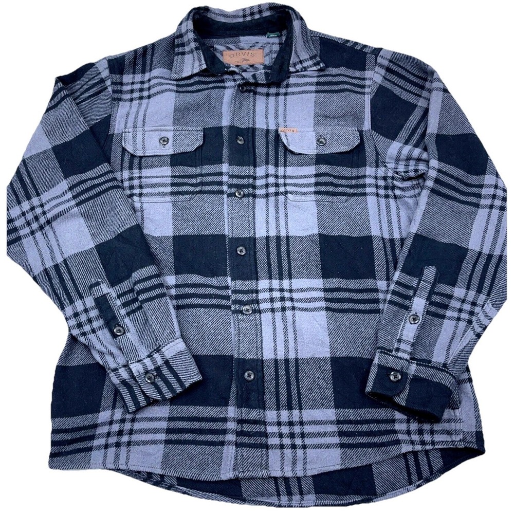 Orvis Shacket Men Medium Black Gray Plaid Heavy Flannel Shirt Jacket Button Up